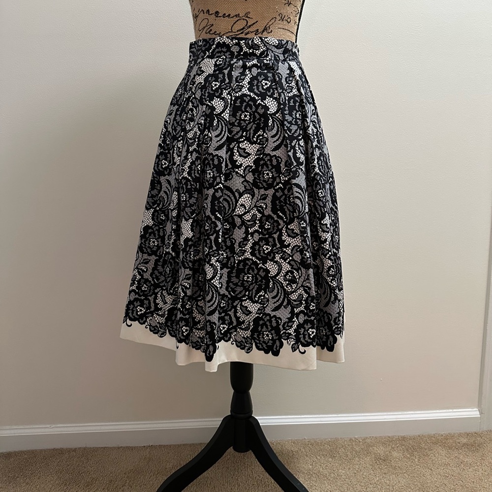 White House Black Market Black and White Pleated A-Line Midi Skirt